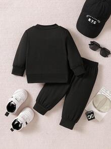 SHEIN Newborn Casual Solid Color & Printed Top And Pants Set - Black - View 2