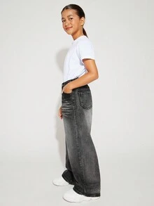 Radiana Tween Girls Y2K 酷炫时尚水洗猫须斜口袋宽松阔腿牛仔裤，女孩秋装返校街头装 - 黑色 - 查看 6