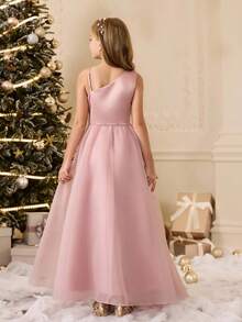 少女甜美公主风单肩缎面网纱无袖连衣裙，配蝴蝶结，适合婚礼、花童、生日派对、圣诞节、万圣节、毕业典礼等秋冬季场合。 - 粉色 - 查看 2