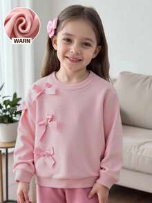 Young Girl' Pink 3D Bow Crew Neck Fleece Sweatshirt T-Shirt, Autumn/Winter - Pink - View 7