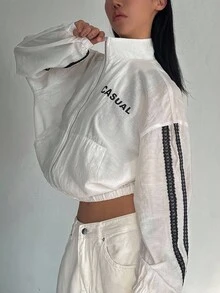 DAZY Letter Graphic Contrast Tape Drop Shoulder Jacket Linen - White - View 4