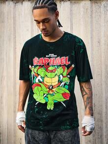 ROMWE MEN TEENAGE MUTANT NINJA TURTLES X ROMWE Camiseta masculina casual com estampa de tartaruga tie-dye e gola redonda, manga curta, verão - Verde - Ver 5