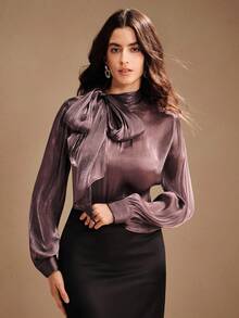 Anewsta Áo cánh nữ cổ cao tay dài thắt nơ thanh lịch, sang trọng, thích hợp cho mùa thu, đông, đi chơi, trang trọng, thường ngày, năm mới, giáng sinh, tốt nghiệp - Màu tím - Xem 7