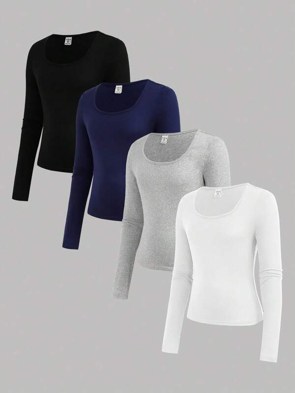 Girlism 4pcs/Set Tween Girls' Crew Neck Long Sleeve Knit Solid Color Fitted All-Match Tops, Versatile T-Shirts For Autumn/Winter Fall,Buy 1 Get 3 Free