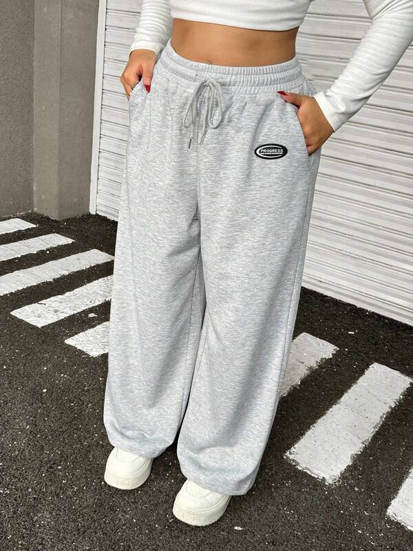 Muchica Plus Size Women Gray Letter Print Drawstring Waist Pocket Wide Leg Casual Loose Sweatpants, Suitable For Graduation, Back To School, Teacher Outfits