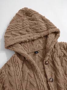 Rusticease Textured Plush Warm Comfortable Button Decorated Hooded Plus Size Coat Winter - Khaki - View 6
