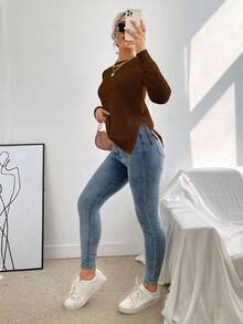 EMERY ROSE Casual Solid Color Side Slit Lace-Up Sweater - Brown - View 4