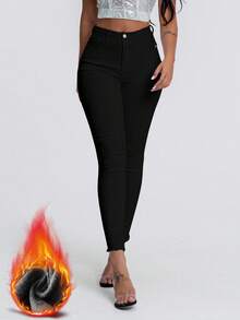 SHEIN Essnce 女式休闲百搭纯色紧身牛仔裤 - 黑色 - 查看 3