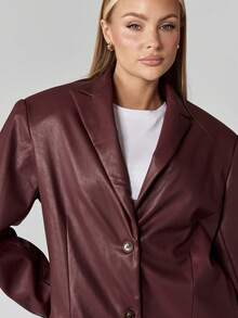 MISSGUIDED Oversized Faux Leather Blazer Jacket Fall Winter Long Sleeve Button Front Lapel Collar Professional Office Business Wear Party Evening Outerwear - Burgundy - View 3