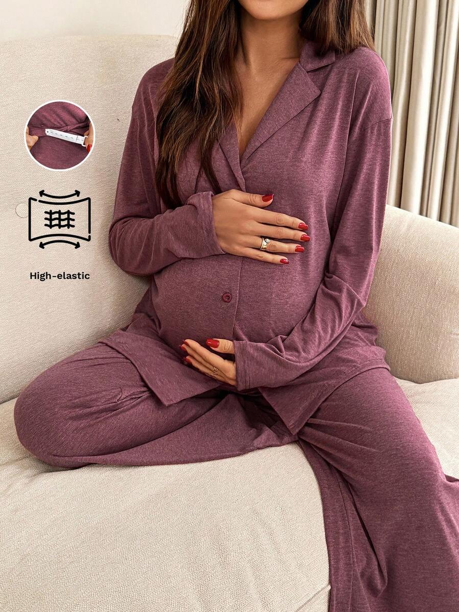 Slowluna 2 件孕妇纯色休闲长袖上衣和裤子套装高弹力睡衣勃艮第家居服女士睡衣女士孕妇套装 2 件套休闲套装女士紫色暮光 - 彩色 - 查看 1
