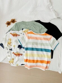 SHEIN 4pcs Baby Boy/Girl Colorful Striped Cartoon Dinosaur Pattern Soft Knit Crew Neck Short Sleeve Tops, Suitable For Spring/Summer Vacation & Outdoor Play
