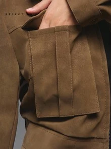 SHEIN EZwear Áo khoác nữ cỡ lớn kiểu dáng tối giản, màu trơn, tay dài, cổ có khóa kéo, túi tiện dụng, màu nâu, kiểu dáng ngắn/áo khoác lửng mùa đông cho nữ, áo khoác màu nâu cho nữ - màu nâu - Xem 9