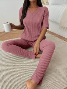 EURMUSE Women Cotton 2 Pcs V Neck Short Sleeve Homewear Lounge Set Lounge Dusty Pink Autumn Casual - Pink - View 4