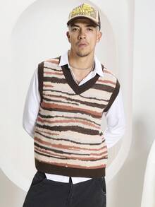 STEELVANCE 男士时尚休闲条纹 V 领针织毛衣背心，秋冬 - 咖啡棕 - 查看 3