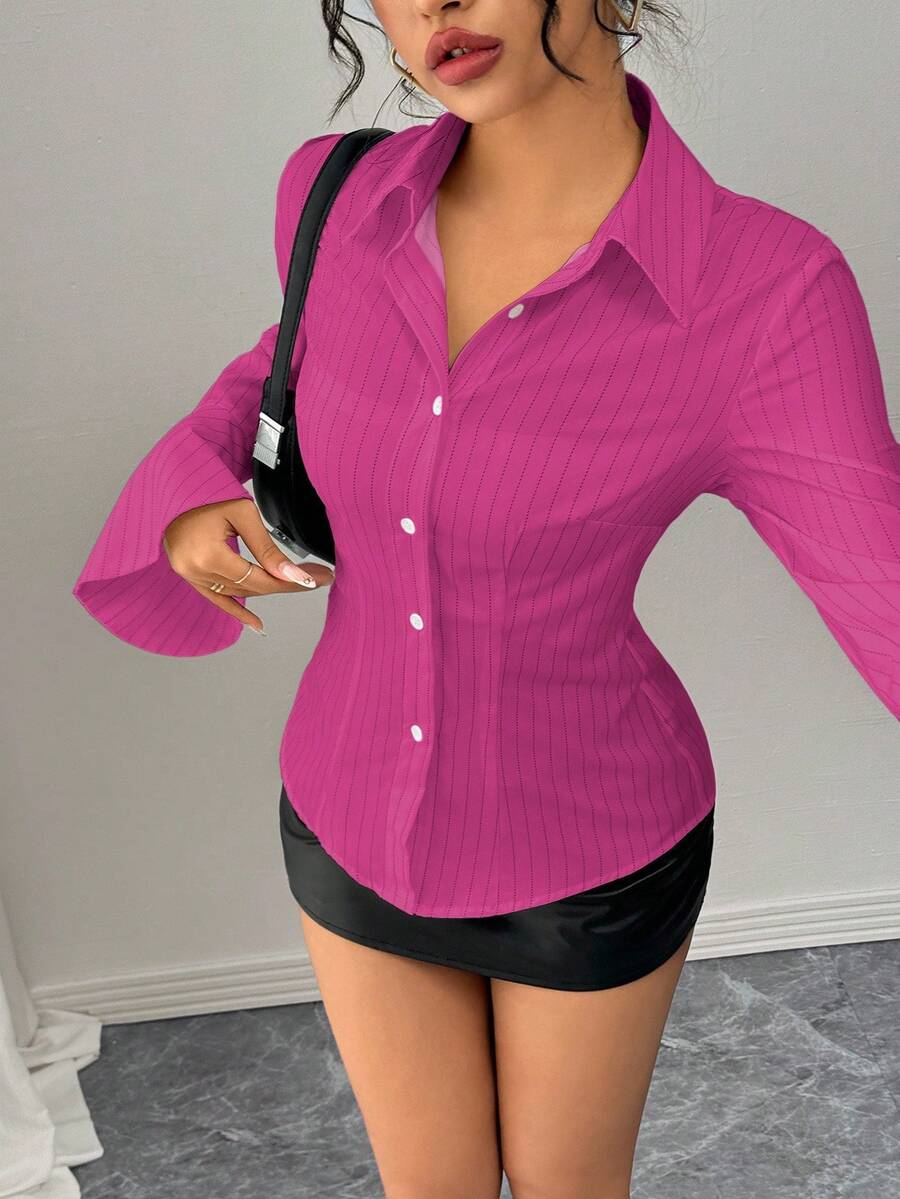 Chiquease Camisa blanca a rayas con mangas acampanadas y cintura ceñida, elegante y versátil para uso diario, para mujer, otoño/invierno - Rosa Fucsia - Ver 1