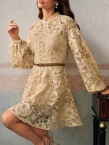 Anewsta Đầm tay đèn lồng họa tiết hoa thêu ren cổ điển thanh lịch lãng mạn dành cho nữ, thích hợp cho năm mới, tiệc tùng, tốt nghiệp - Màu be - Xem 6