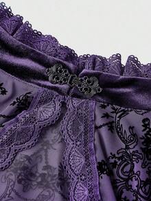 ROMWE Plus Size Gothic Versatile Slit Bell Sleeve Women Retro Flocked Cardigan Top - Purple - View 3