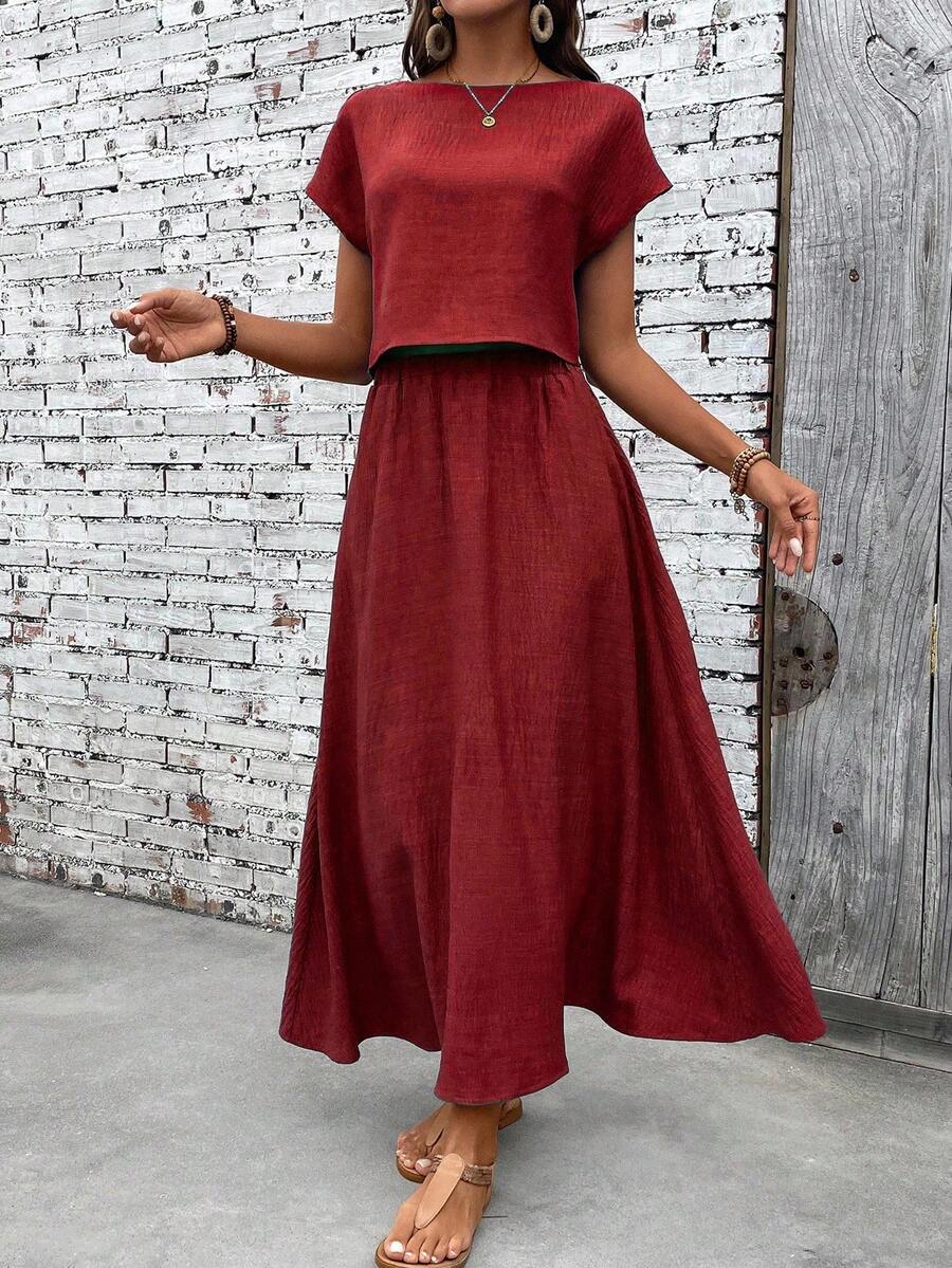 EMERY ROSE Women's Solid Color Round Neck Short Sleeve Casual Loose Top And Skirt 2-Piece Set - Burgundy - View 1