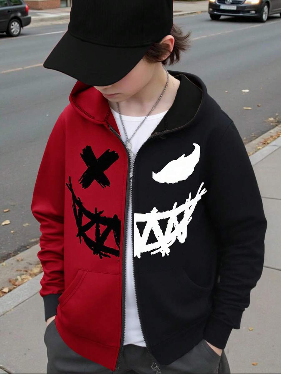 SHEIN 儿童/青少年男童休闲笑脸图案连帽拉链厚针织夹克,红色和黑色,适合通勤、上学、日常、度假、运动、春季、夏季、秋季、冬季 - 紅色 - 查看 1