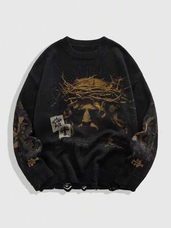 Street Life Men's Round Neck Jesus Print Knit Sweater, Stylish Streetwear, For Fall Winter, Grunge Style