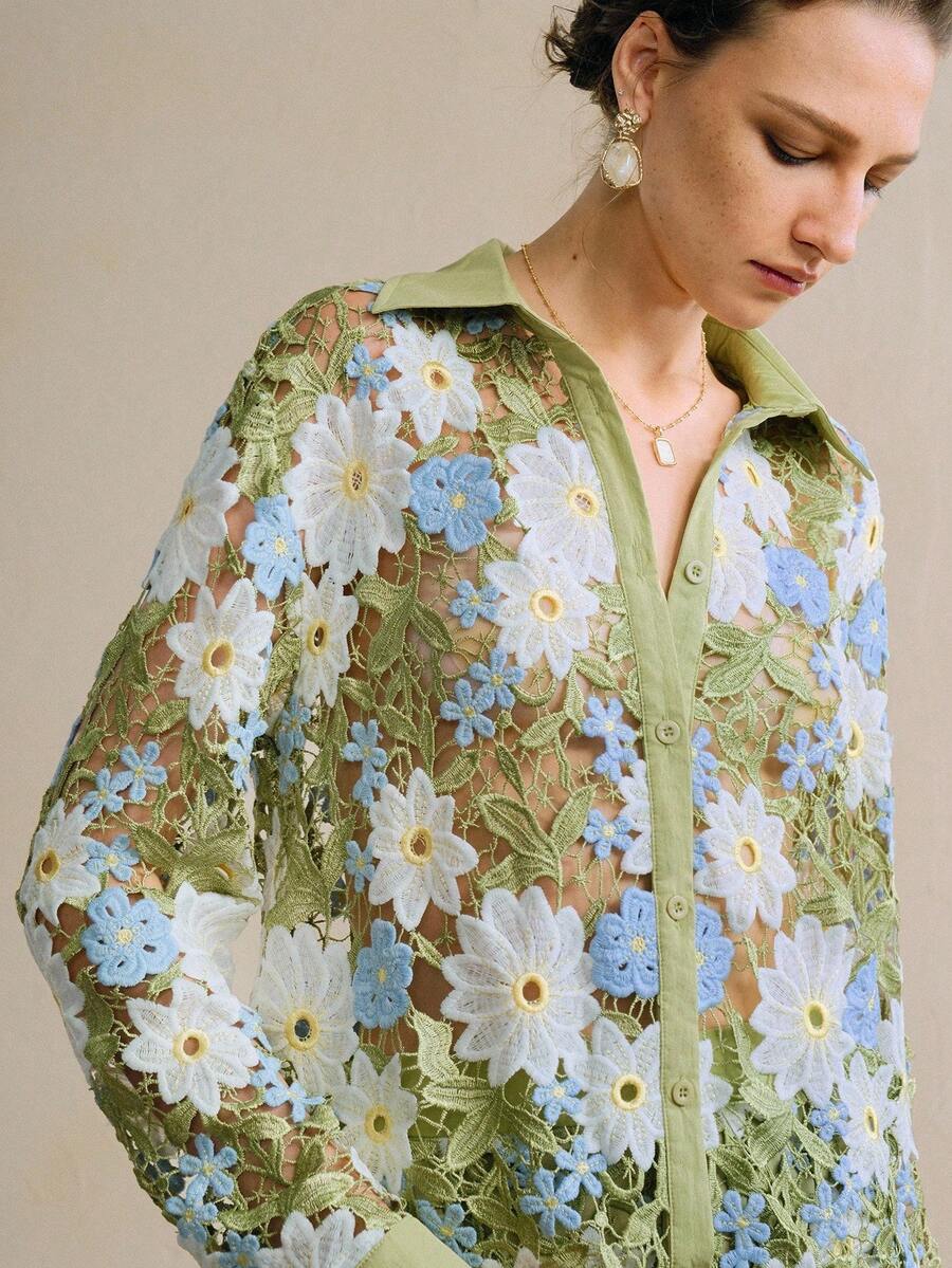Arave Elegante blusa con colletto floreale, adatta per l'ufficio e gli spostamenti