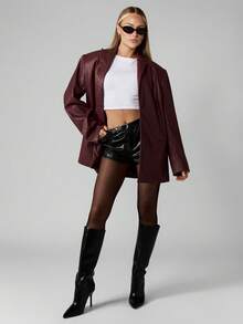 MISSGUIDED Oversized Faux Leather Blazer Jacket Fall Winter Long Sleeve Button Front Lapel Collar Professional Office Business Wear Party Evening Outerwear - Burgundy - View 7