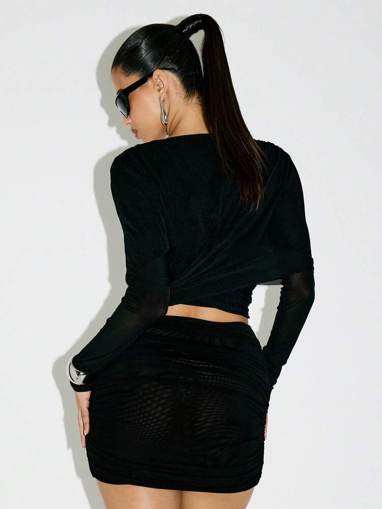 KIZN Sheer Cross Over V Neck Blouse