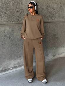 SHEIN 少女两件套：宽松圆领针织衫和阔腿裤，休闲家居服和日常穿着 - 棕色 - 查看 5