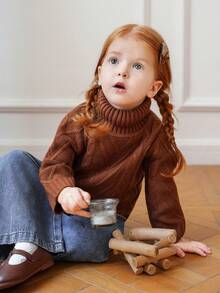 Toddler Girls' Textured Turtleneck Long Sleeve Sweater Fall Winter - Brown - View 12