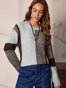 SHEIN LUNE Pull décontracté à col rond et épaules tombantes, blocs de couleurs, automne/hiver pour femmes - Gris - Voir 5