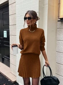 SHEIN Clasi 2pcs/Set Solid Color Turtleneck Long Sleeve Top And Mini Skirt Knit Sweater Set - Brown - View 5