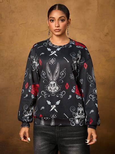 LOONEY TUNES X SHEIN Day Of The Dead Women's Rabbit & Floral Print Crew Neck Sweatshirt, Autumn