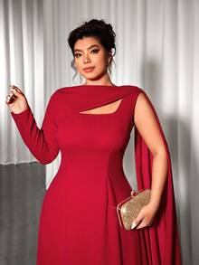 Elenzga Plus Size Women Elegant A-Line Long Sleeve Dress, Autumn/Winter - Red - View 3