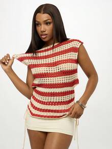 SUMWON WOMEN 钩针条纹无袖背心，开放式针织夏季节日波西米亚风格 - 彩色 - 查看 4