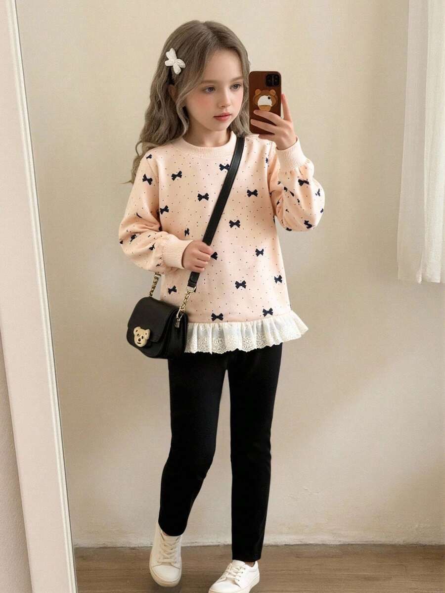 Elladie kids 女童休闲可爱蝴蝶结波点印花拼接荷叶边卫衣搭配弹力腰纯色打底裤两件套，返校秋冬装 - 卡其色 - 查看 1