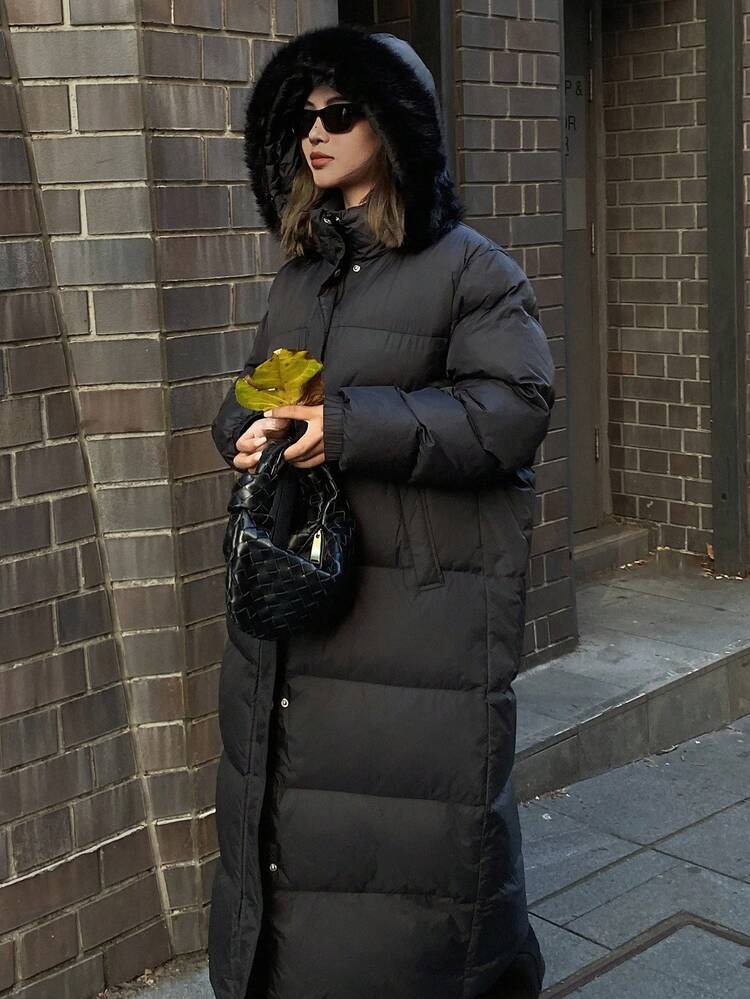 Women's Solid Color Long Sleeve Zipper Collar Long Patchwork Faux Fur Casual Hooded Winter Jacket Women Coats