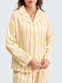 LOUNGEISTA 2pcs Women Loose Comfortable Breathable Striped Long Sleeve Pajama Set - Yellow - View 5