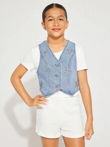 Radiana Tween Girls' Casual Sleeveless Denim Vest Jacket With Star Pattern Sequin Decoration For Spring Summer Beach Vacation Outfits - Medium Wash - View 5