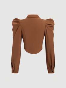 Sweetra Solid Color Gigot Sleeve Asymmetric Hem Button Front Fitted Long Sleeve Shirt - Brown - View 2