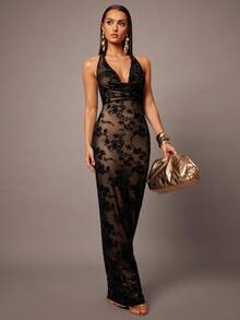 Silquee Black Flocked Draped Neck Tie-Up Long Dress For Women, Autumn/Winter, Suitable For Christmas, Bridesmaid Dress, Wedding Season Lace Maxi Dress Long Black Dress Formal Cruise Dinner Dress