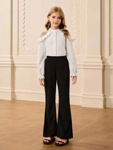 Girls' Long Sleeve Mesh Patchwork Ruffle Trim Blouse + High Waist Pants Elegant Halloween Christmas Outfit Fall Winter - White - View 3