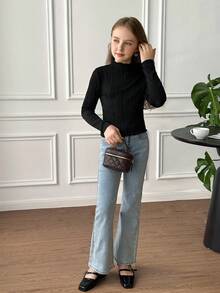 SHEIN 少女休闲简约百搭提花针织立领荷叶边修身长袖黑色T恤上衣，适合日常叠穿，秋冬季节穿着。 - 黑色 - 查看 7