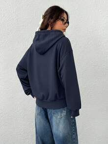 SHEIN EZwear 藏蓝色纯色前拉链长袖口袋卫衣，女士休闲加大码秋冬服装 - 藏蓝色 - 查看 2