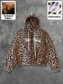 ROMWE MEN Street Life sweat-shirt à capuche en polaire avec imprimé léopard et texte anglais pour hommes, style de rue, automne/hiver - Marron - Voir 1