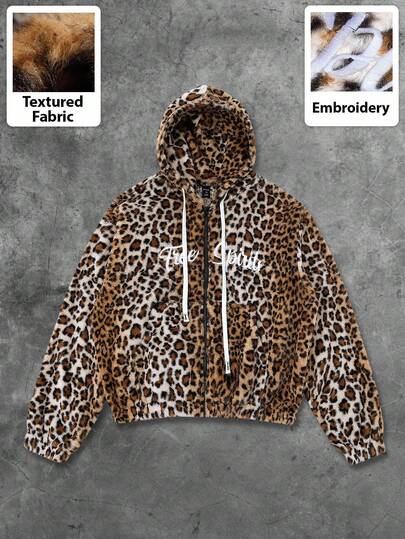 Street Life Herren Leoparden-Muster & Englischer Text Grafik Fleece Hoodie Sweatshirt, Straßen-Stil, Herbst/Winter