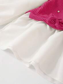 Girls' 2pcs Casual Shirt Set,Pink Pearl Bow Design Beaded Knit Ribbed Top With Flared Pants,First Birthday Autumn Outfit For Teens,Back To School - Hot Pink - View 8