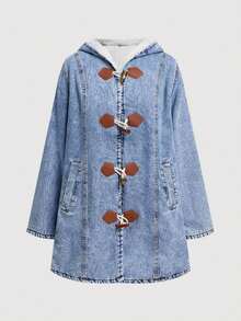 EMERY ROSE Women's Fall/Winter Long Sleeve Hooded Denim Jacket With Button Closure And Thermal Lined Thickened Denim - Blue - View 5