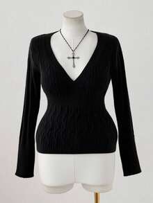 Sunspun Plus Size Solid Color Casual Pullover Sweater, Autumn/Winter - Black - View 3