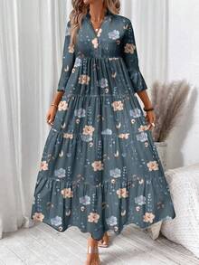 EMERY ROSE Casual Vintage Floral Pattern Elegant Plus Size Dress, Suitable For Autumn/Winter - Blue - View 4