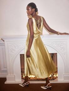 Maija 女士优雅露背连衣裙，纯色，适合派对 - 黃色 - 查看 3